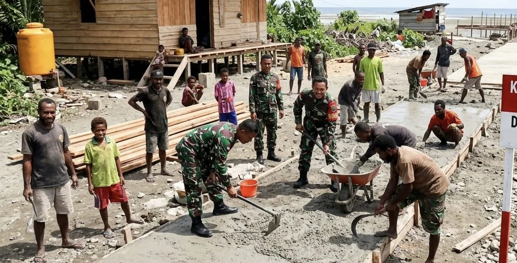 Semangat Gotong Royong TNI dan Warga Warnai Pembangunan Kampung Nelayan Merah Putih di Yapen