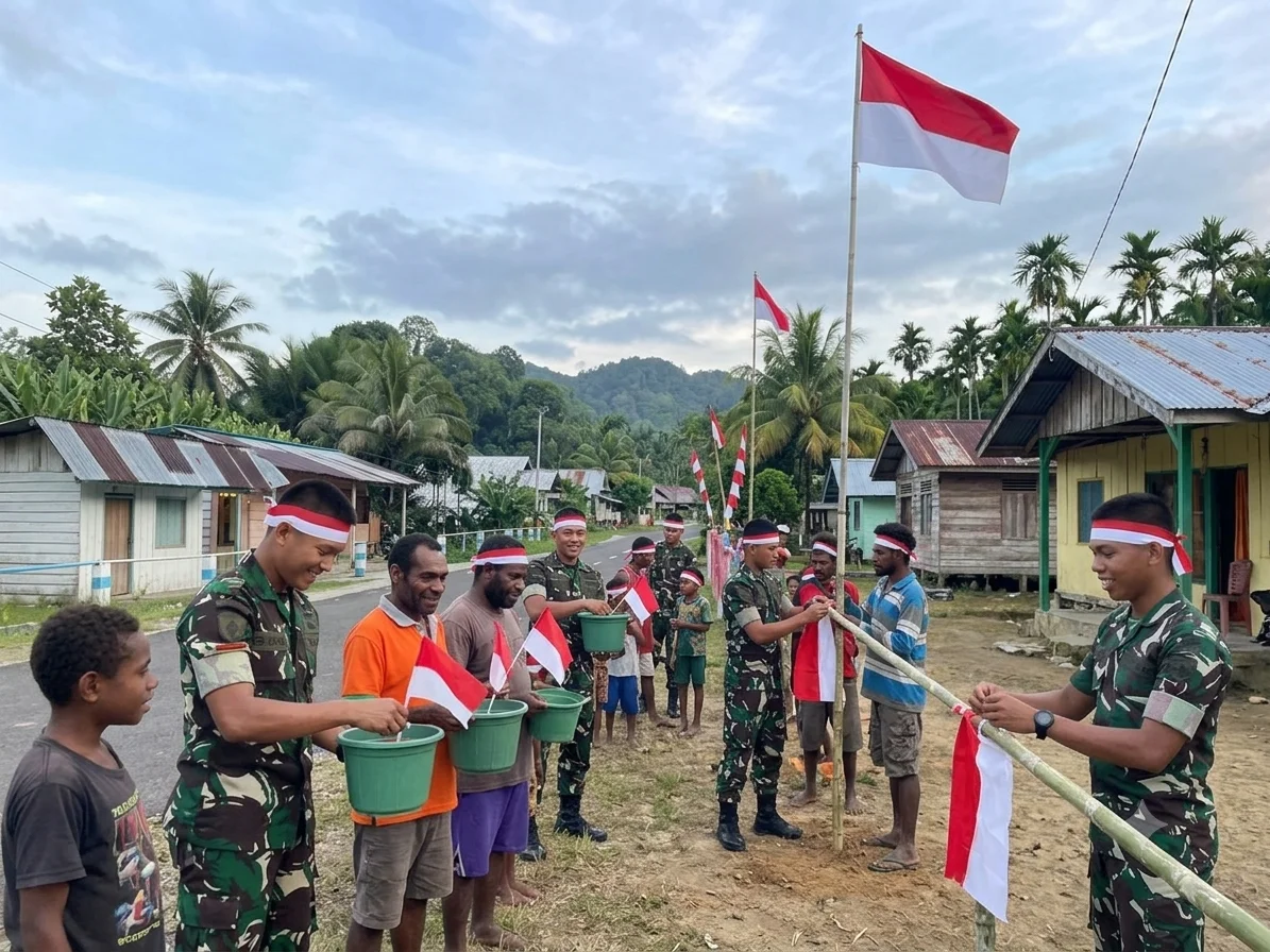 Merah Putih Berkibar di Supiori, Yonif TP 859/RBK Kobarkan Semangat Nasionalisme Bersama Warga