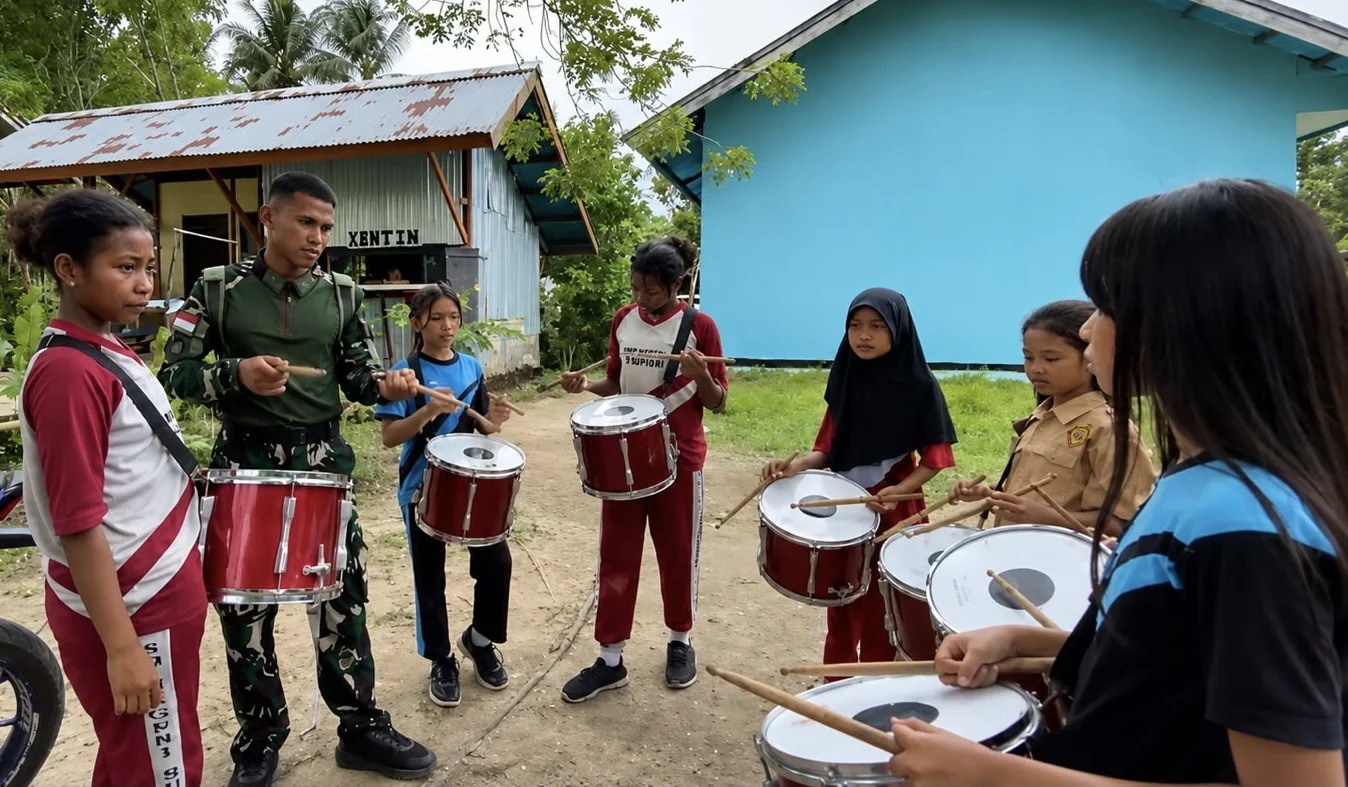 Drumband Jadi Media Pembentukan Karakter, Yonif TP 859/RBK Hadirkan Program PINTAR di SDN Pariem