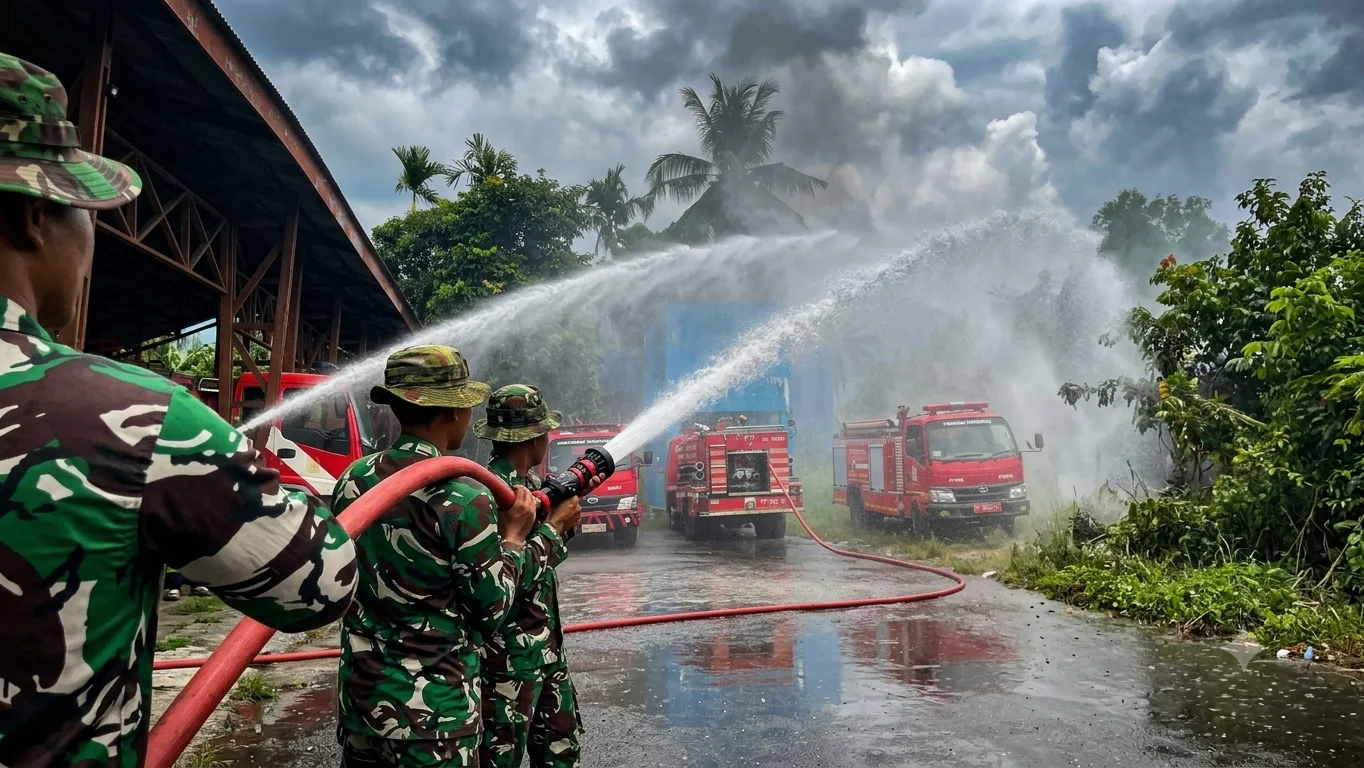 Tingkatkan Kesiapsiagaan Bencana, Prajurit Yonif TP 810/BEM Gelar Latihan Pemadam Kebakaran