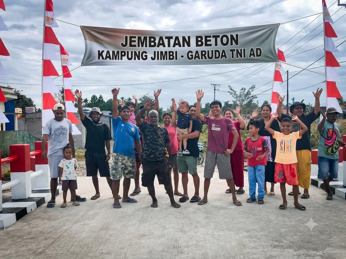 Jembatan Beton Rampung, Senyum Warga Kampung Jimbi Jadi Bukti Nyata Manfaat Program Garuda TNI AD