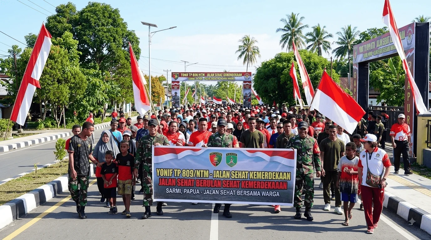 Semangat Kemerdekaan Menggema, Yonif TP 809/NTM dan Warga Sarmi Jalan Sehat Bersama